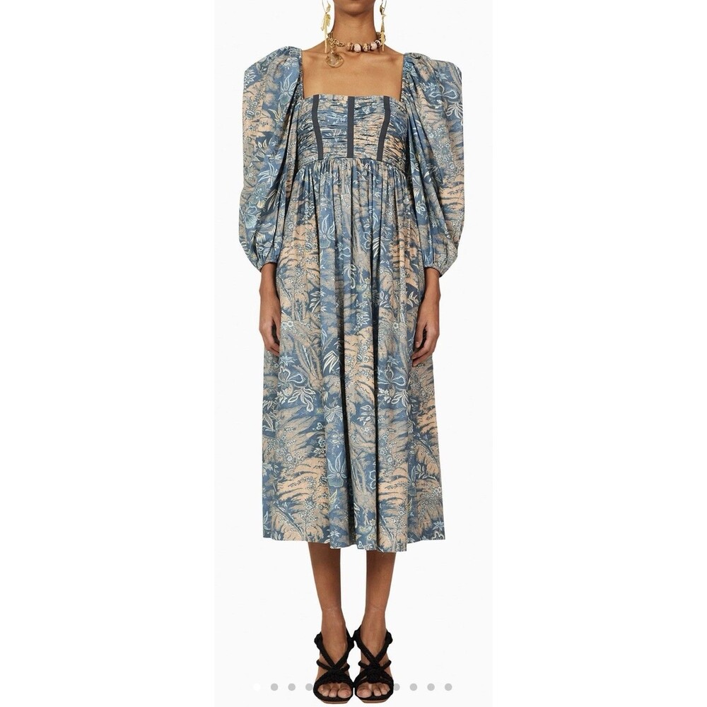 Ulla Johnson Leilani Floral Midi Dress Waimea Blue Puff Sleeve Size 2